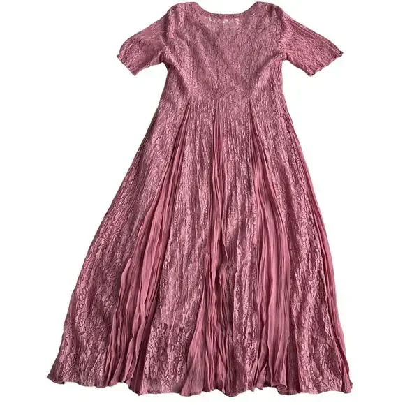 Together! VTG Lace Crinkle Rayon Overlay Layered Short Sleeve Rose Maxi Dress 10